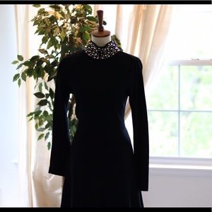 Embellished Neckline Black Midi Dress
